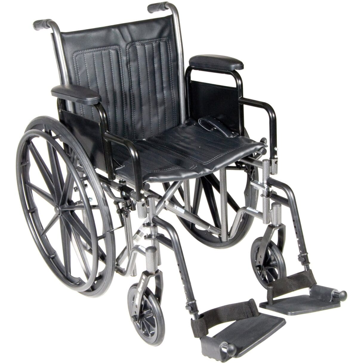 A wheelchair with the seat folded down and the wheels extended.