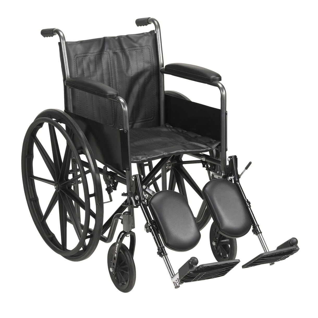 A wheelchair with wheels and foot rests on the back.