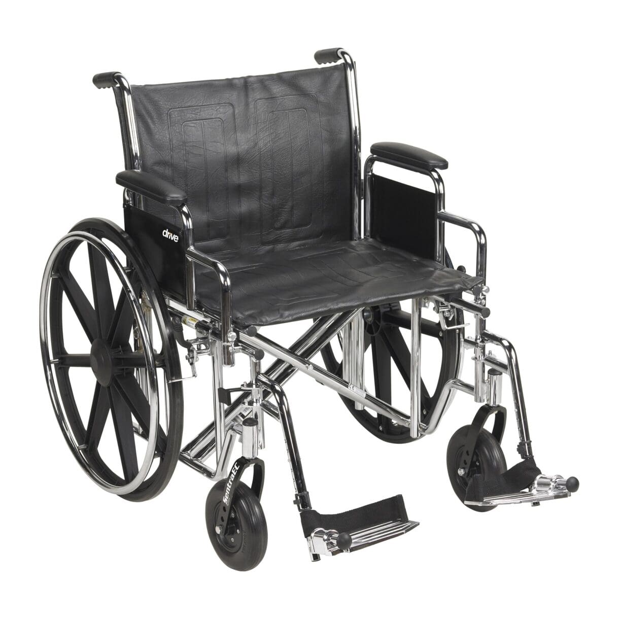 A wheelchair with wheels and black seat.