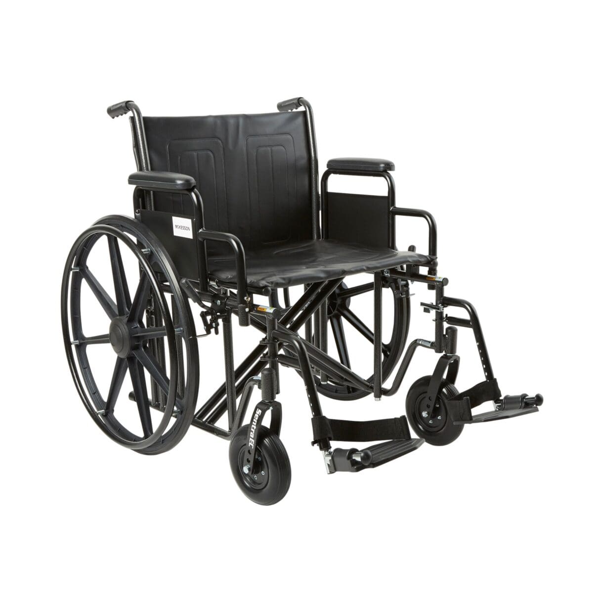 A wheelchair with wheels and foot rests on the ground.