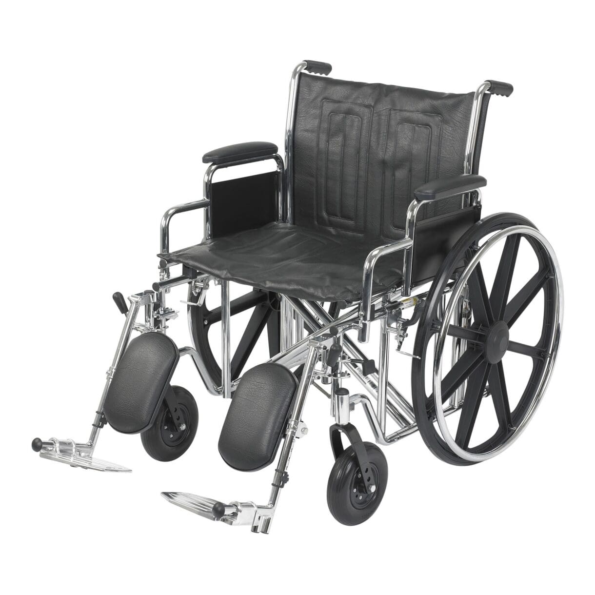 A wheelchair with wheels and foot rests on the back.