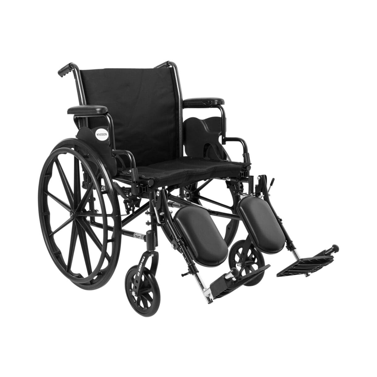 A wheelchair with wheels and foot rests on the back.