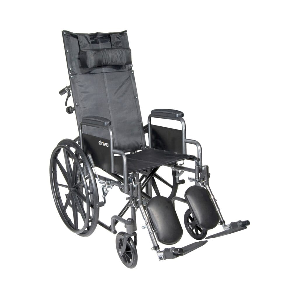 A wheelchair with a reclining back and wheels.