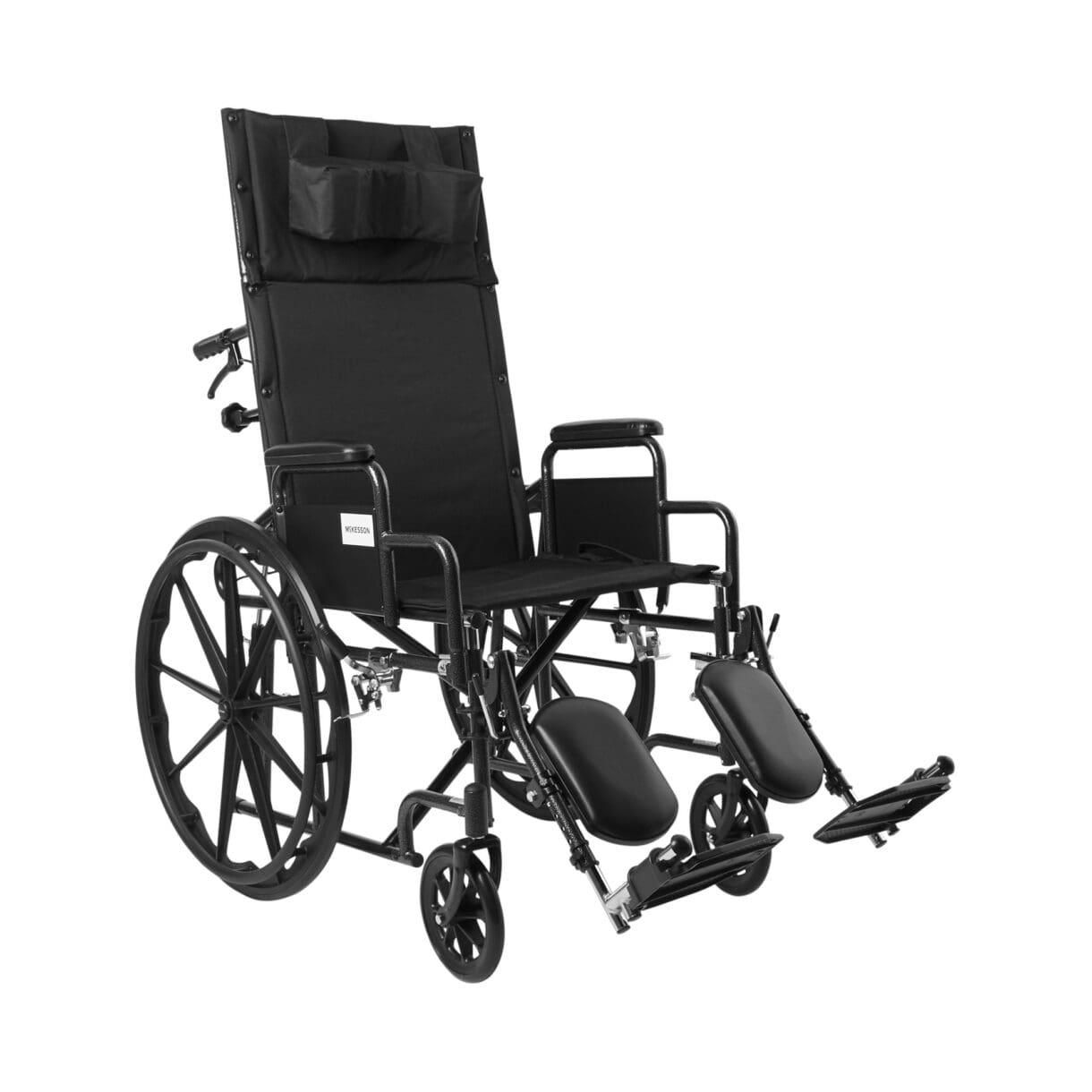 A wheelchair with the wheels down and the seat up.