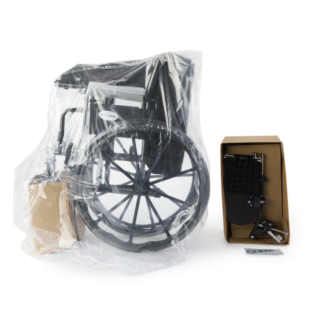 A wheelchair is in the package and ready to be used.