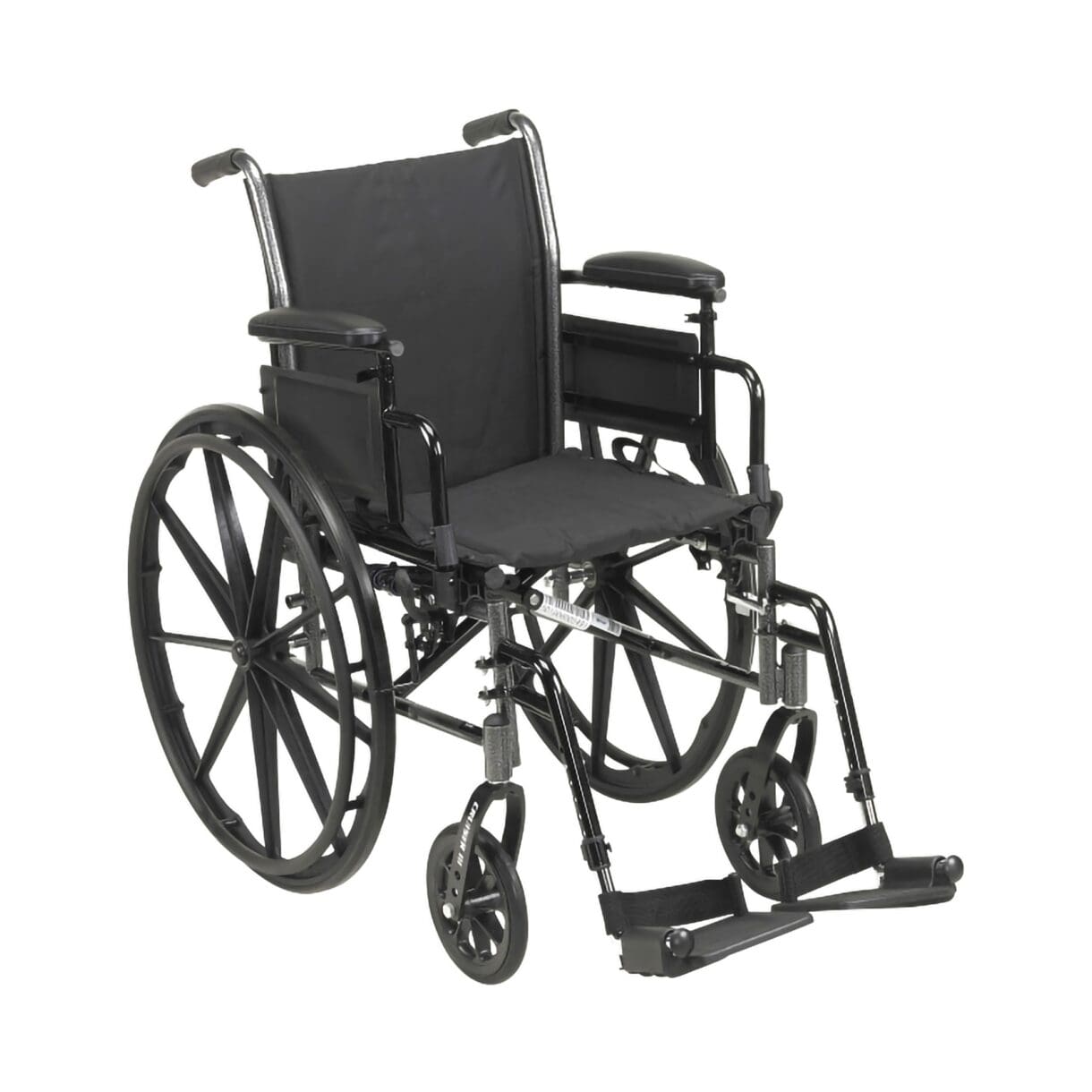 A wheelchair with wheels and black fabric seat.