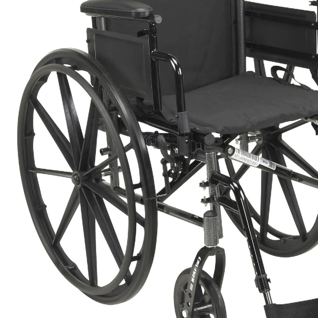 A close up of the wheel on a wheelchair