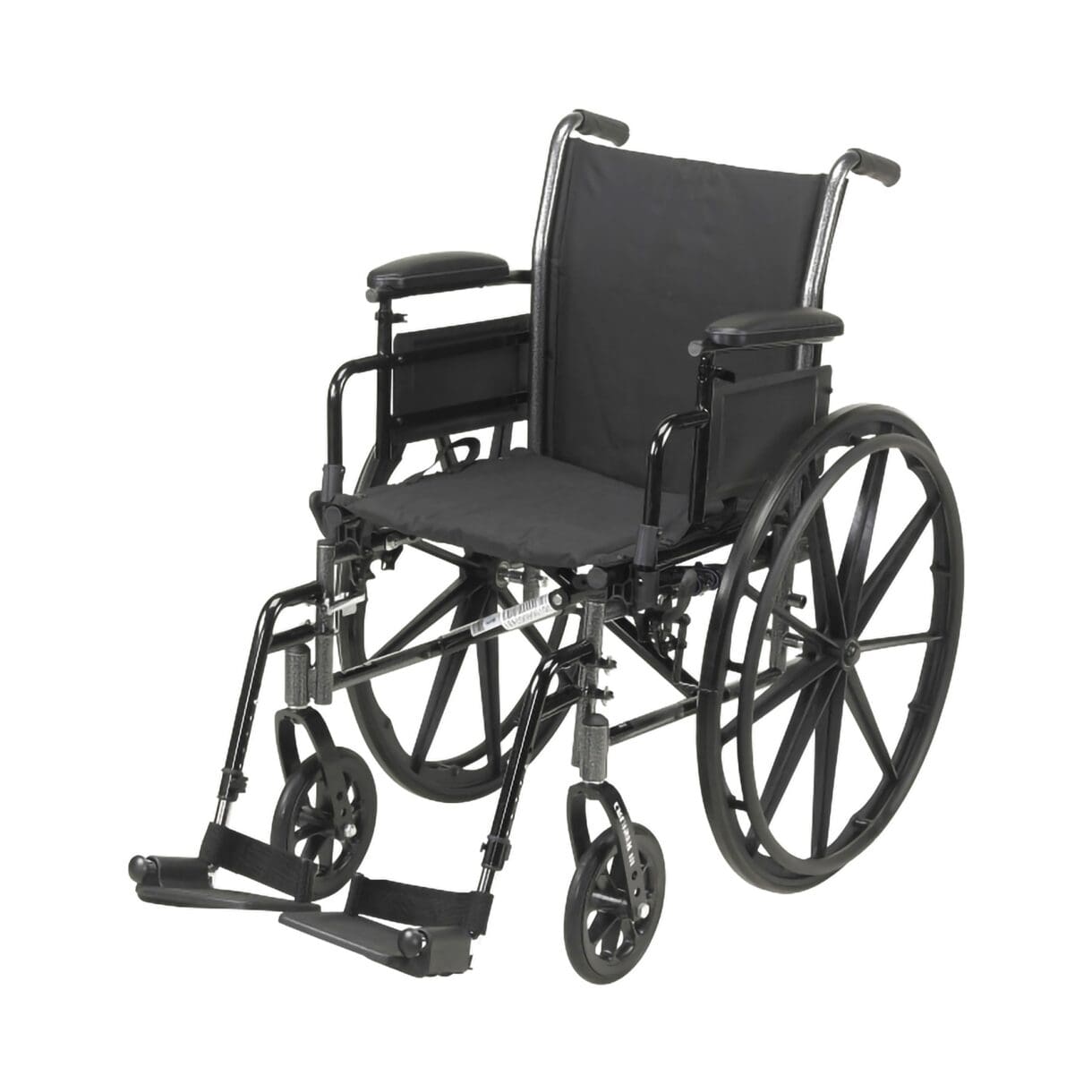 A wheelchair with wheels and a seat cushion.