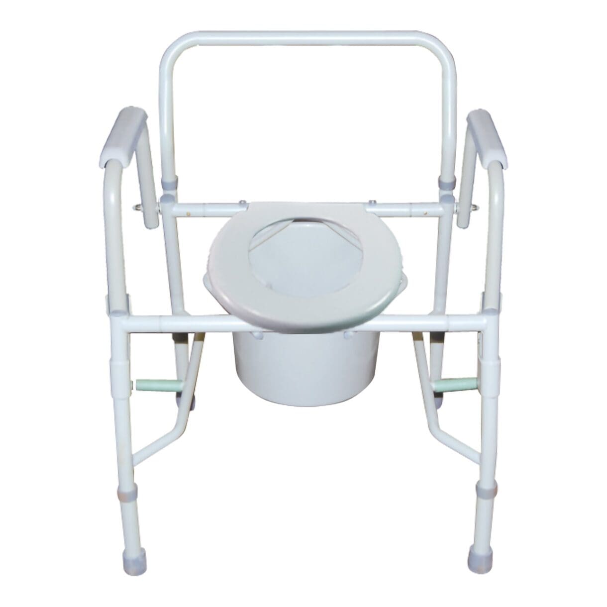 A commode with the lid up and its frame down.