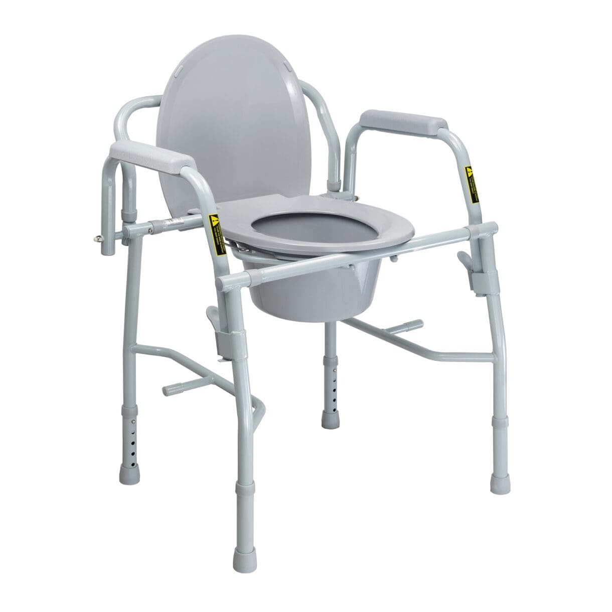 A commode with the seat up and arm rests folded down.