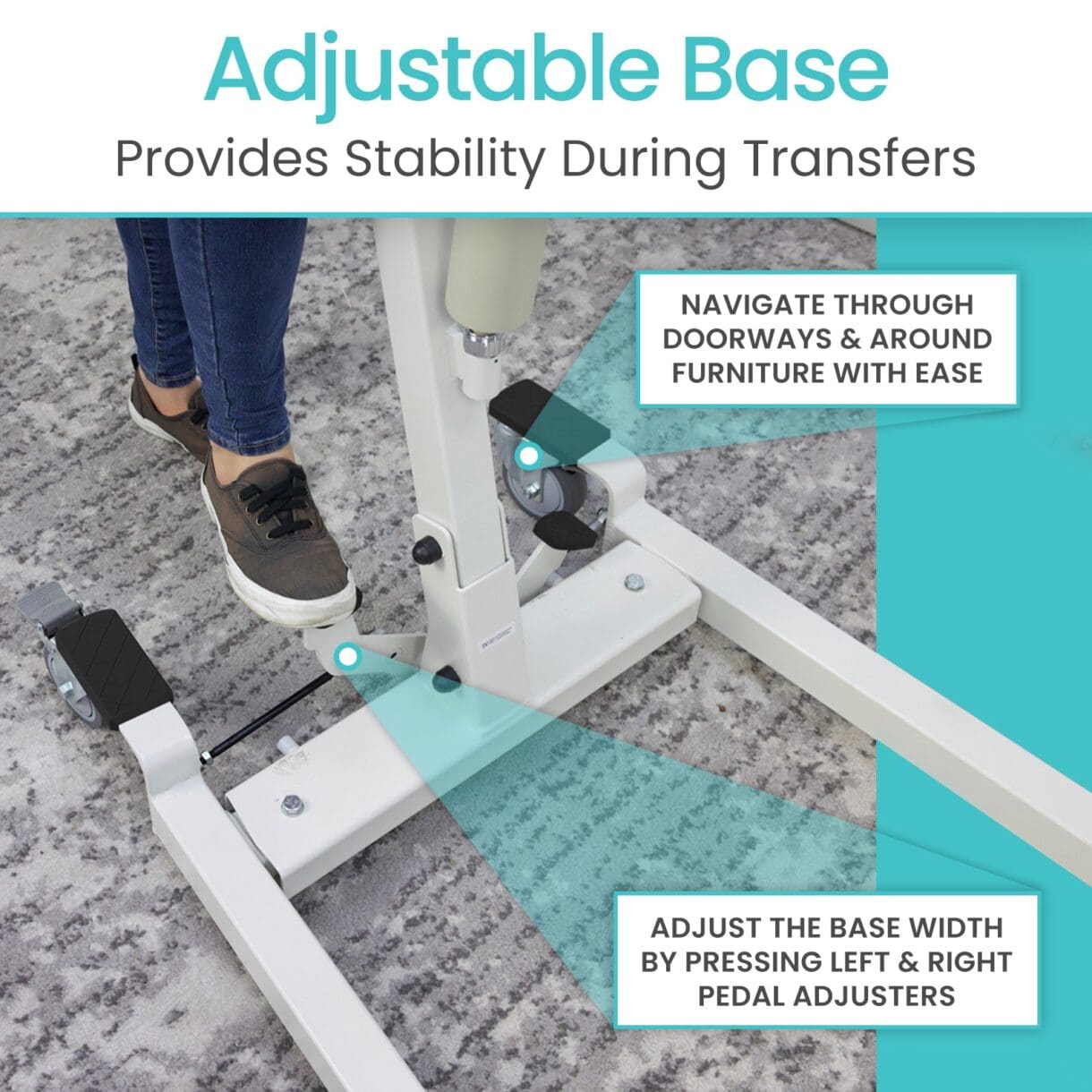 A person standing on a machine with text that reads " adjustable base provides stability during transfers ".