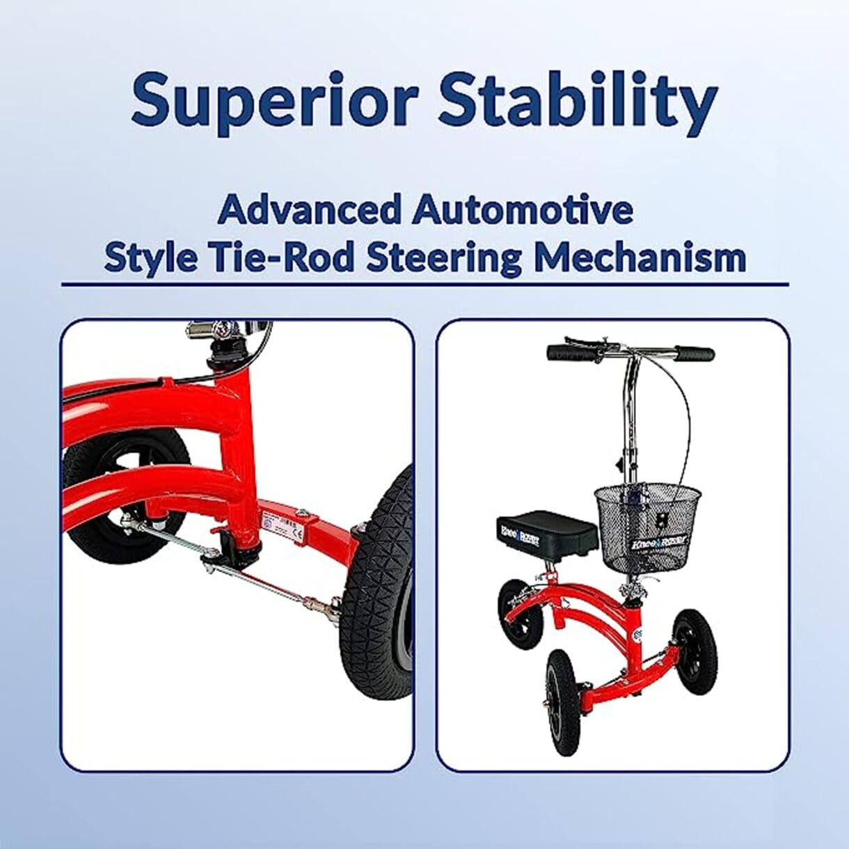 A red scooter with the words " superior stability advanced automotive style tie-rod steering mechanism ".