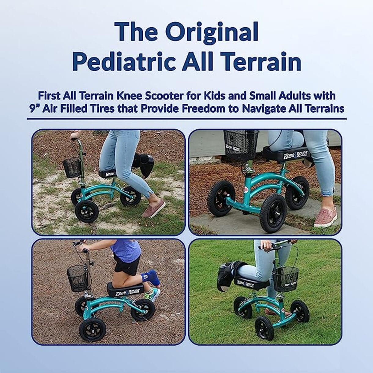 A blue and black tricycle with text that says " the original pediatric all terrain ".