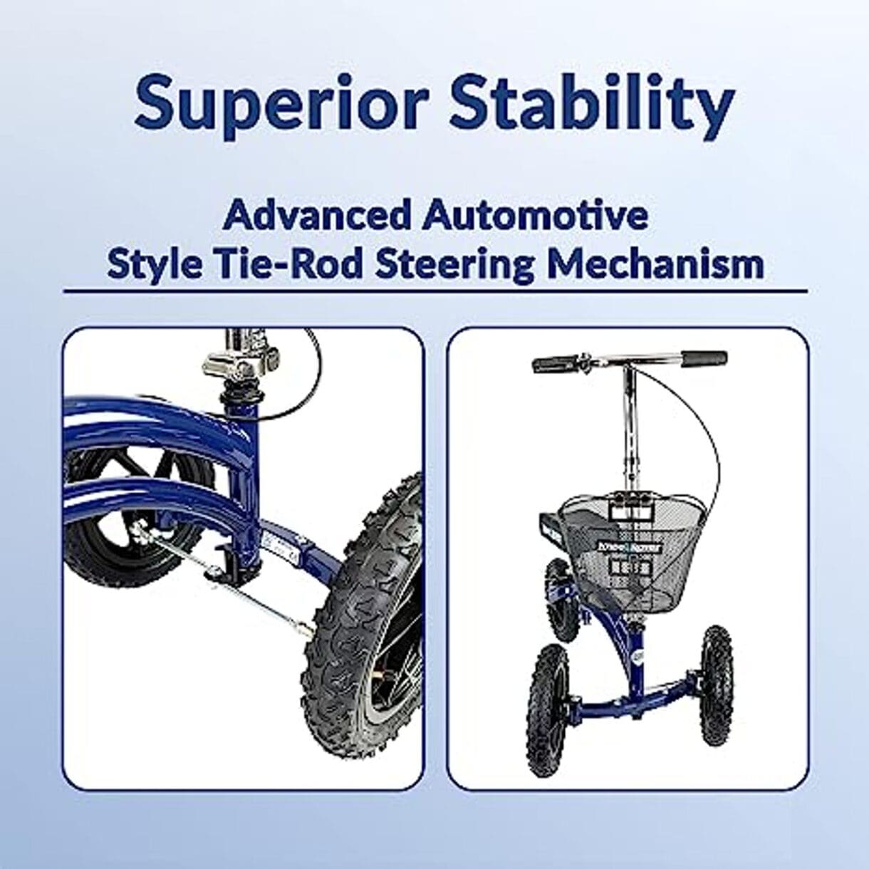 A blue scooter with the words " superior stability advanced automotive style tie-rod steering mechanism ".