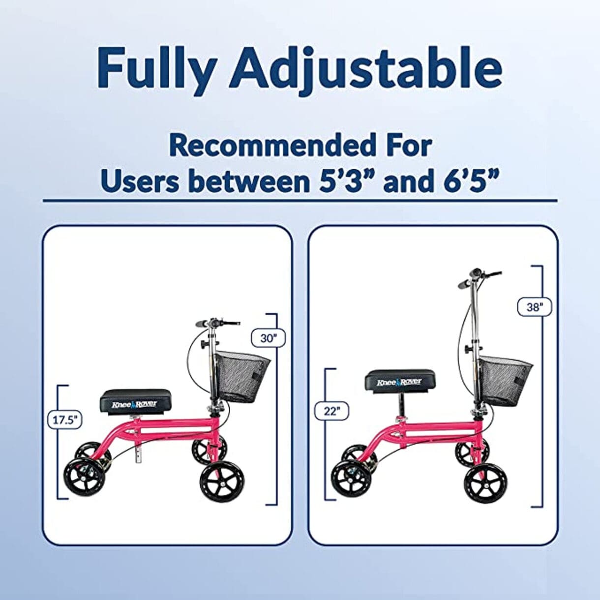 A fully adjustable scooter is recommended for users between 5 ' and 6. 5 '.