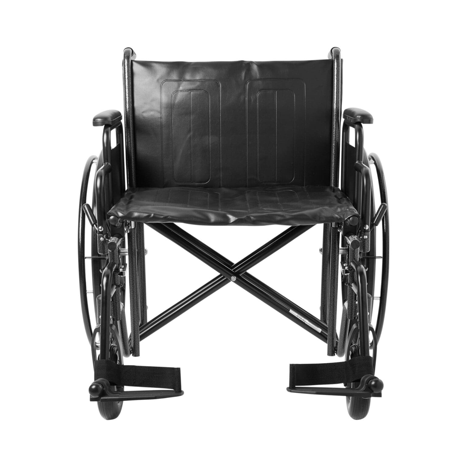 A wheelchair with no wheels and black leather seat.