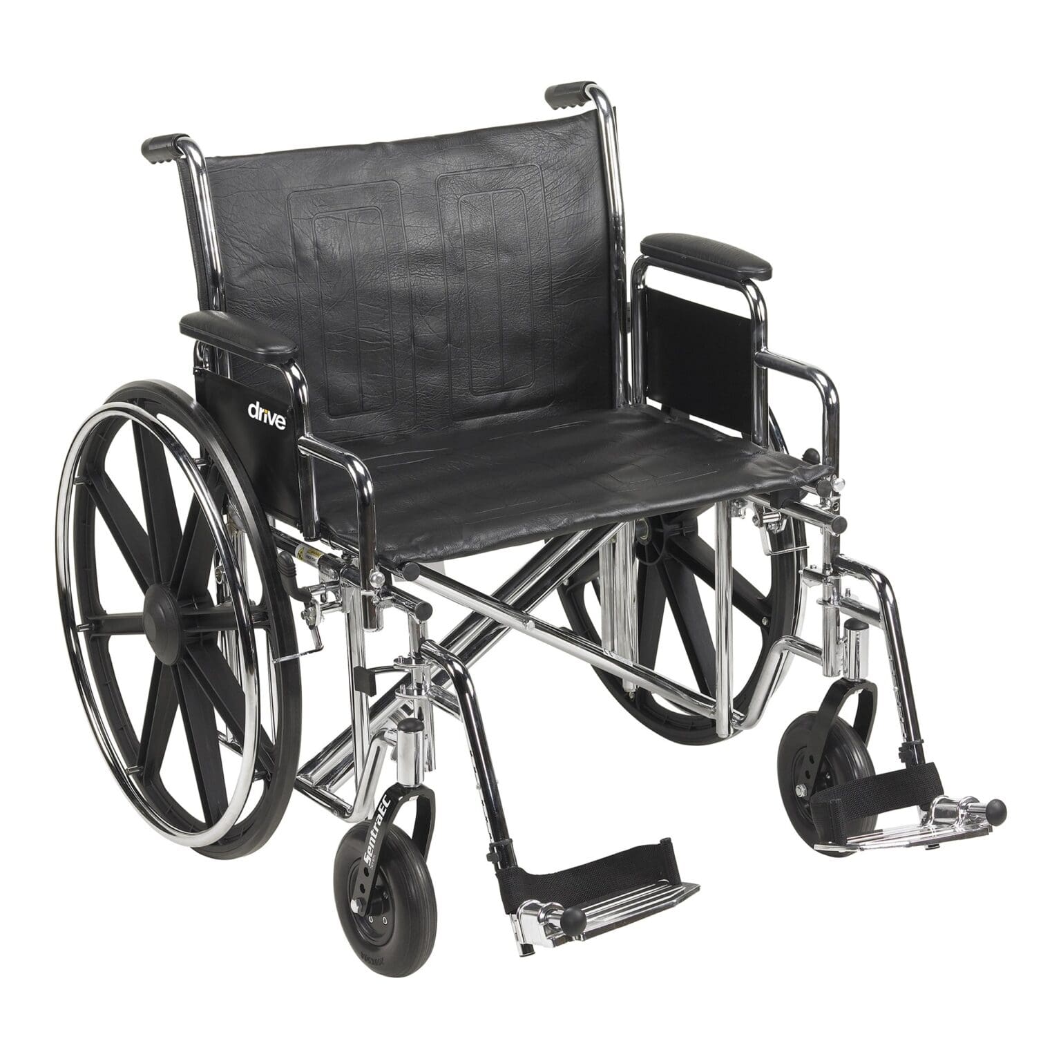 A wheelchair with wheels and black seat.