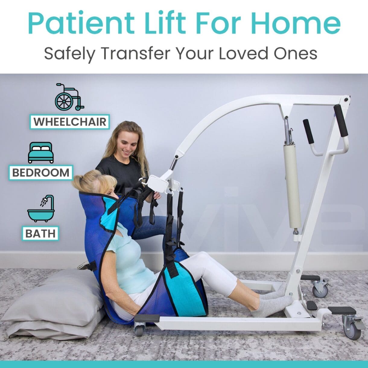 A woman sitting on the ground with a patient lift for home.