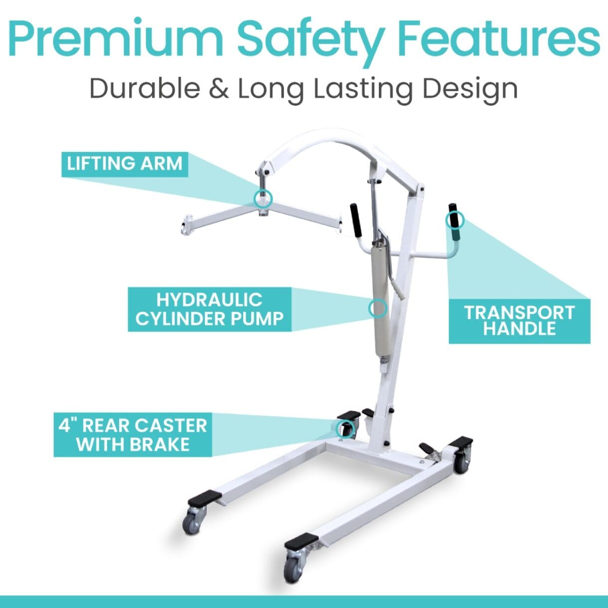 A white mobile lift with the safety features labeled.