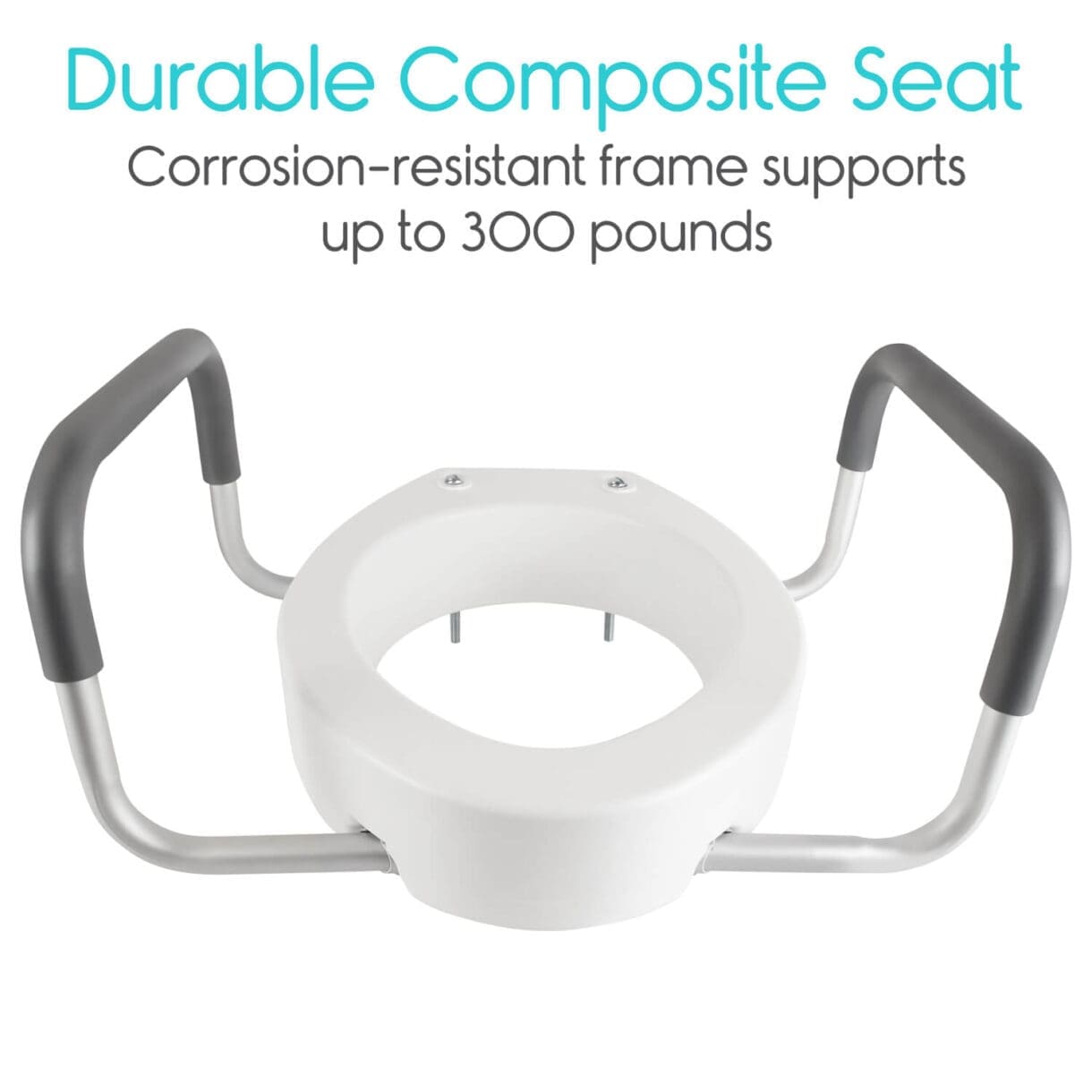 A white toilet seat with handles and the handle is up to 3 0 0 pounds.