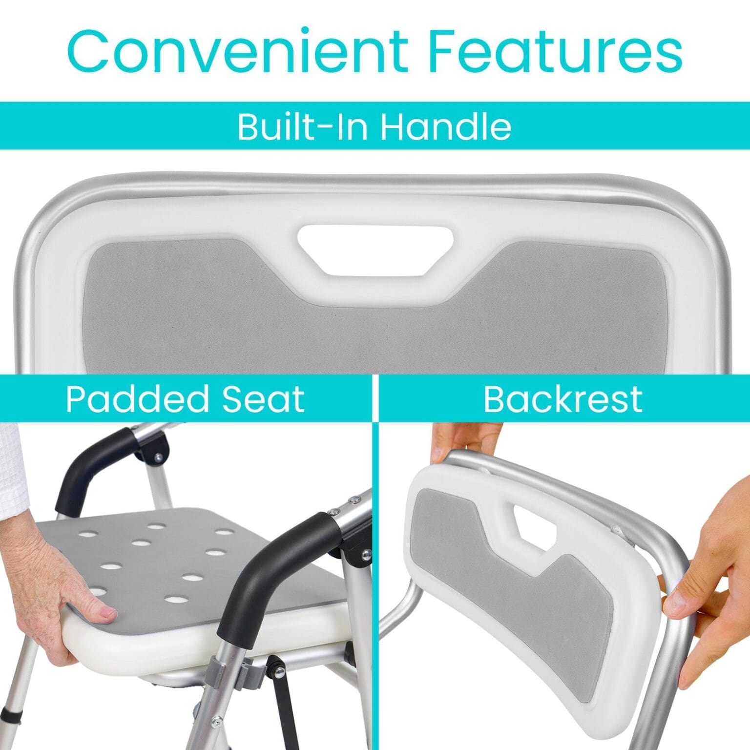 A white shower chair with three different features.