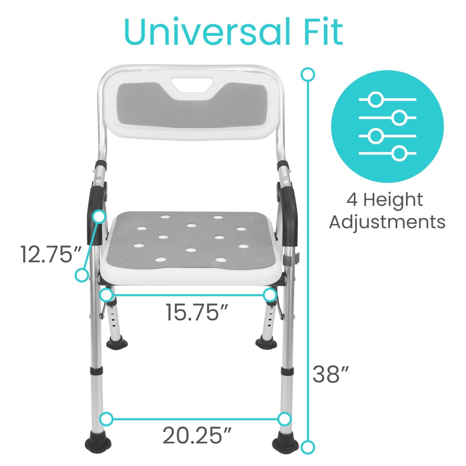 A white and gray shower chair with measurements