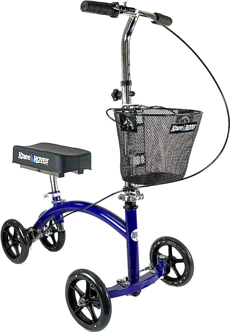 A blue knee walker with basket and seat.