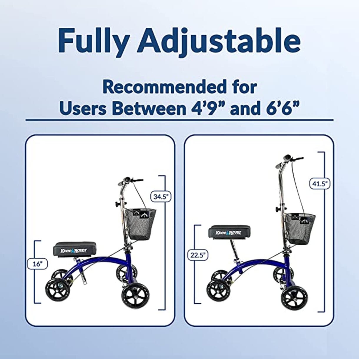 A fully adjustable scooter is shown for users between 4 9 and 6 6 inches.