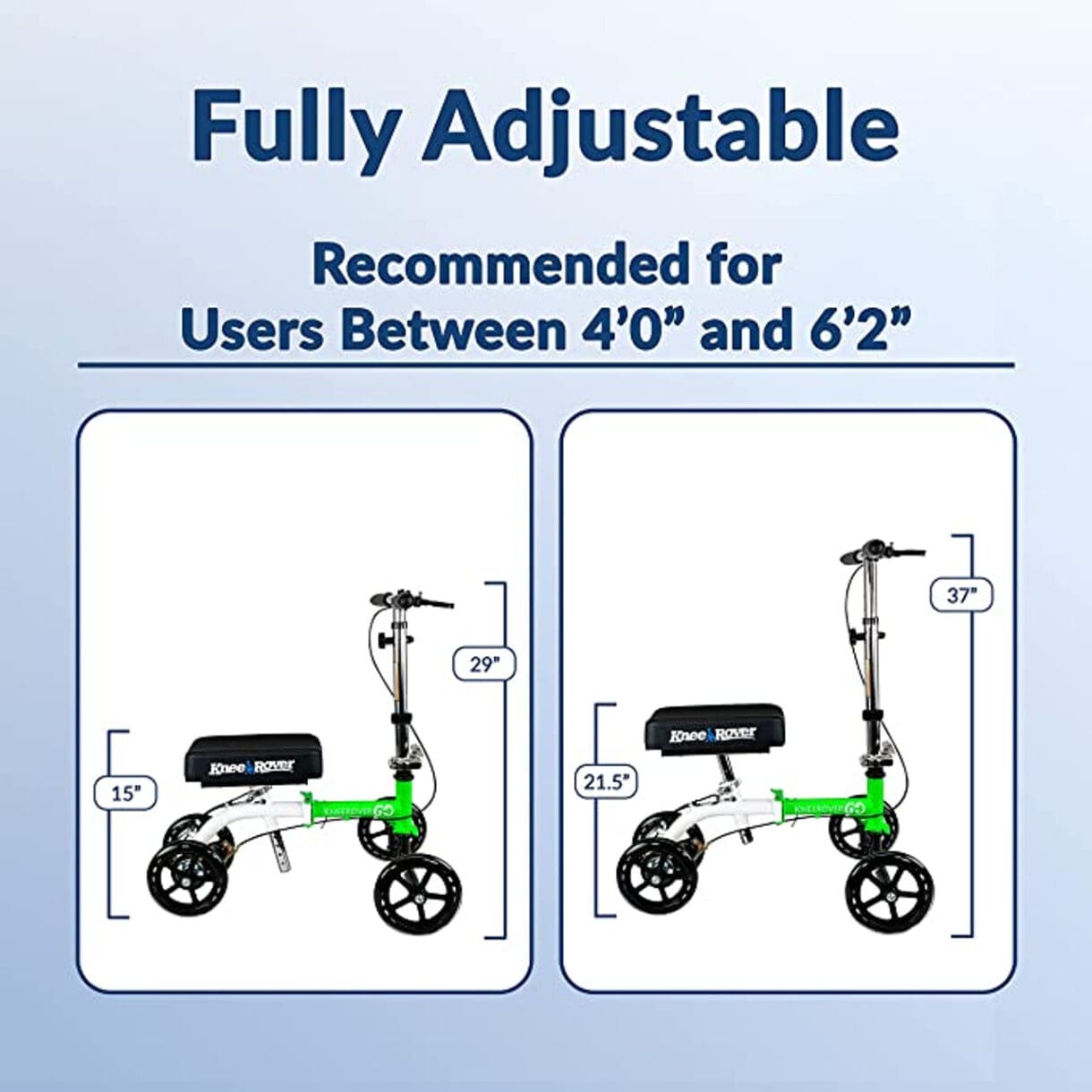 A fully adjustable scooter is shown for users between 4 0 and 6 2 inches.