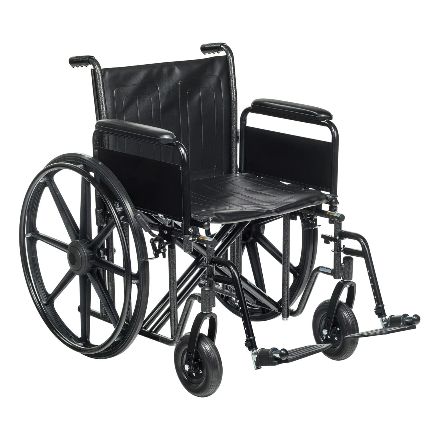 A wheelchair with wheels and black leather seat.