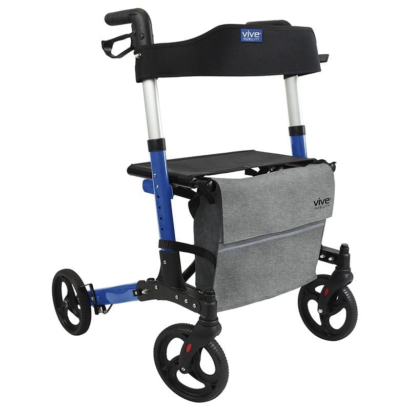 A blue walker with wheels and seat.