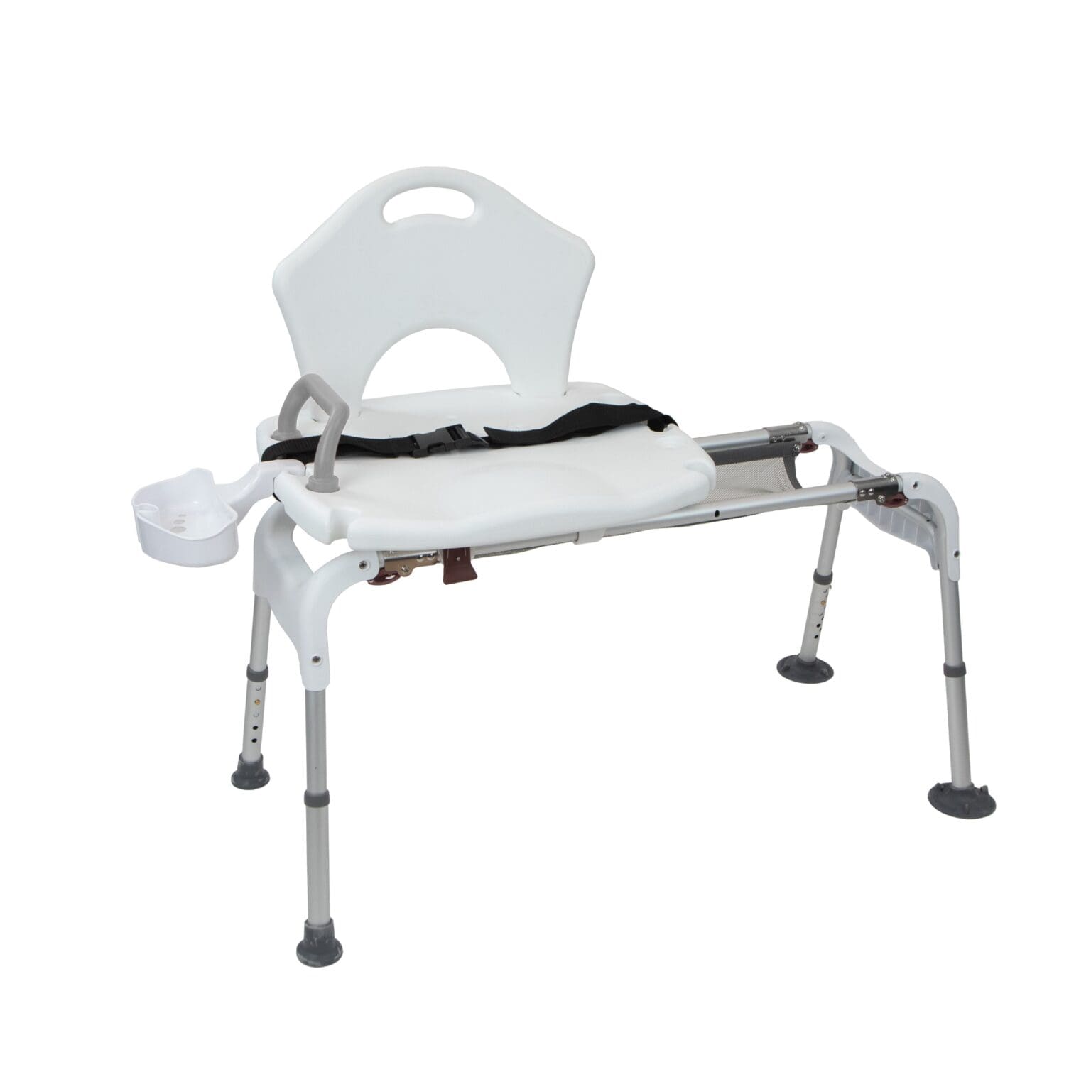 A white shower chair with arms and wheels.