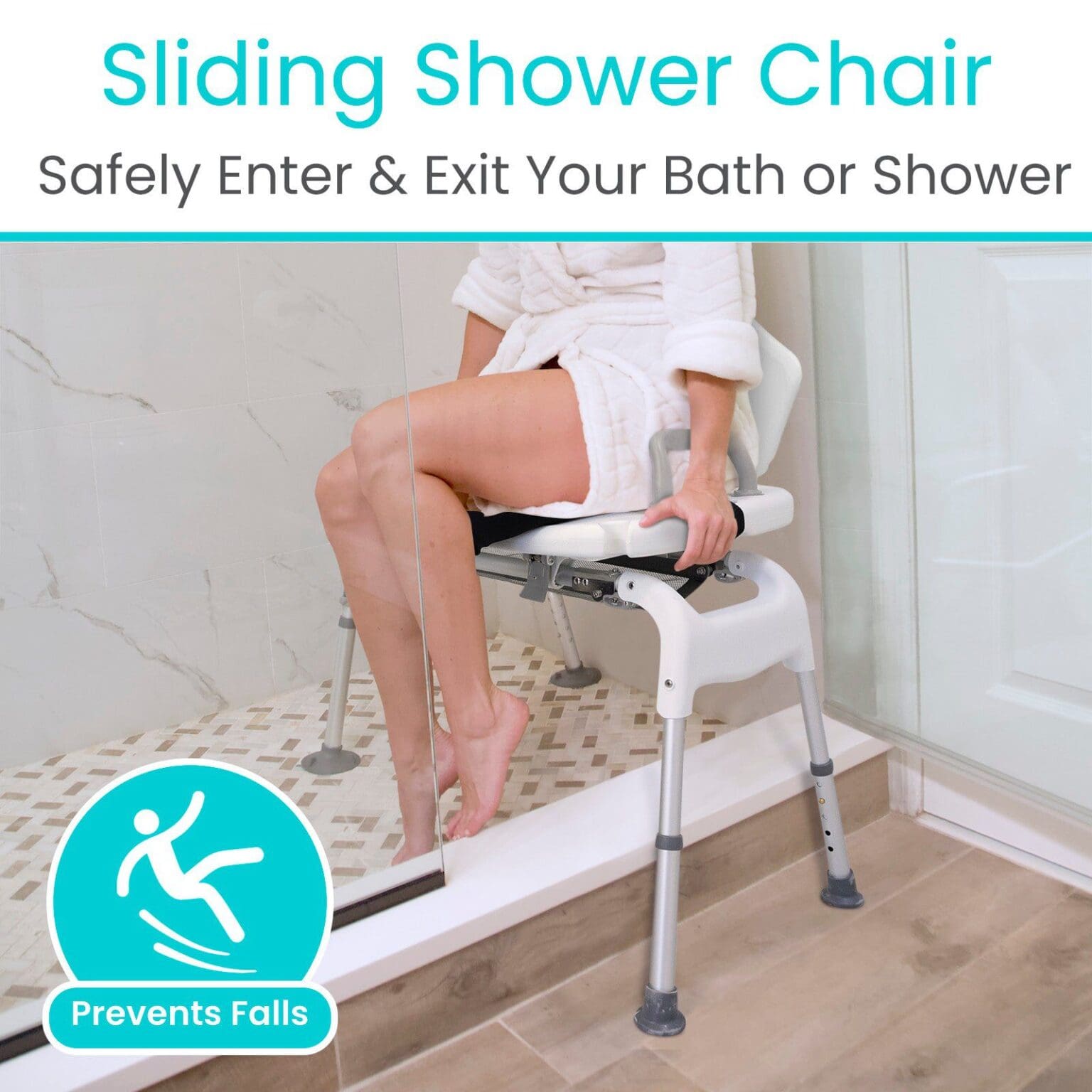 A woman sitting in the shower chair