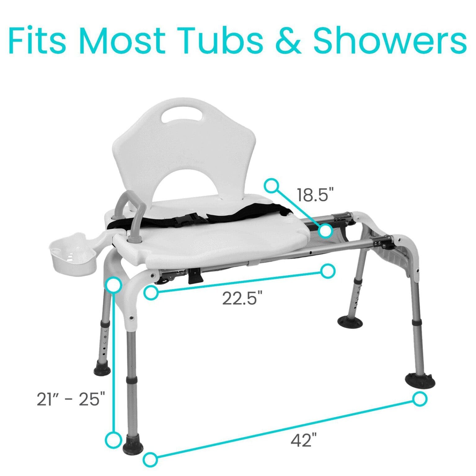 A white shower chair with the measurements of it.