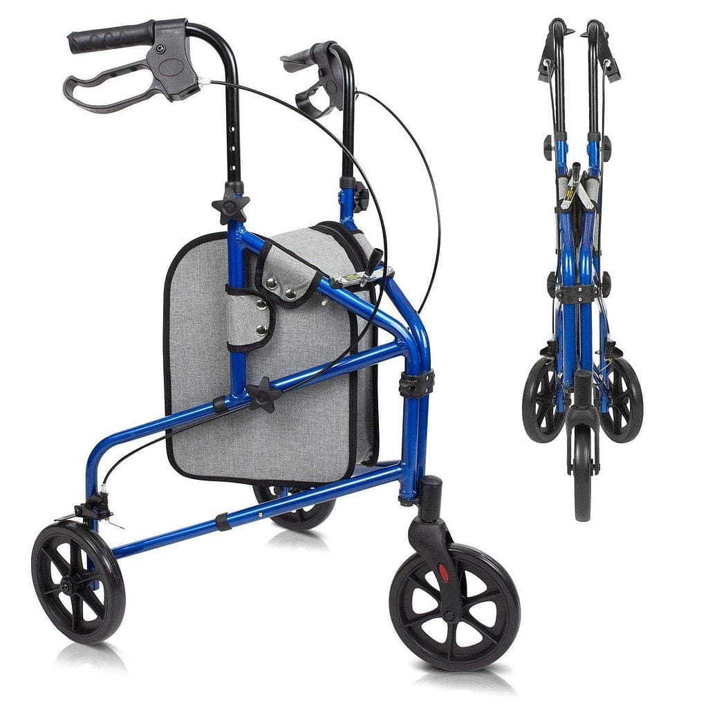 A blue walker with wheels and a bag on the back.