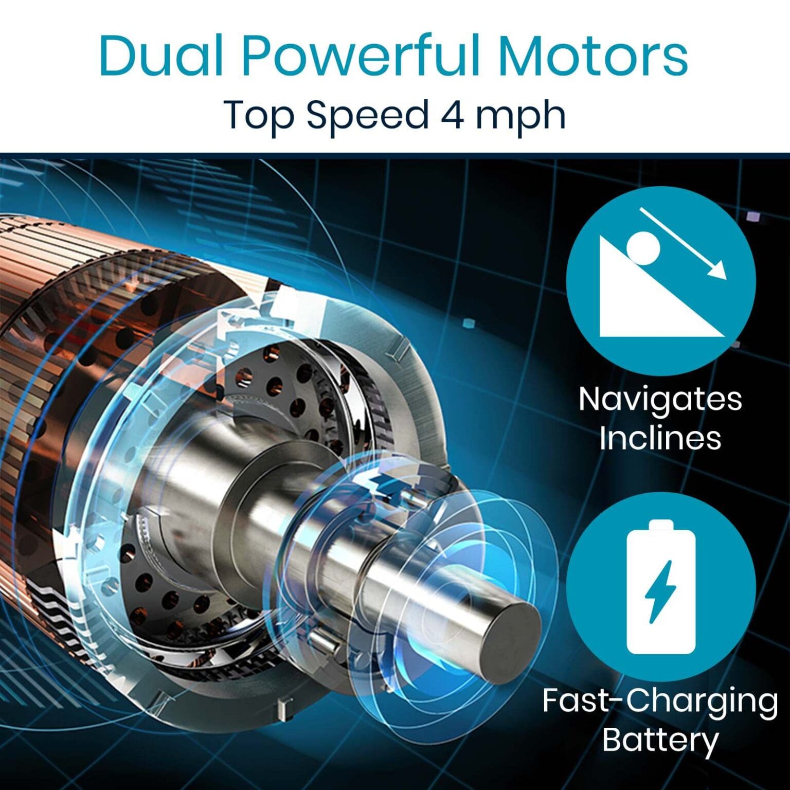 A close up of an electric motor with the words " dual powerful motors top speed 4 mph ".