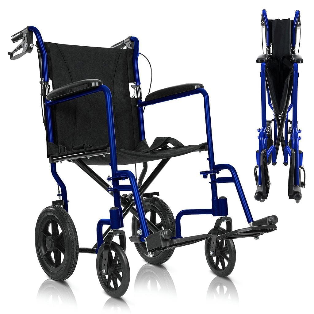 A blue wheelchair with wheels and black seat.