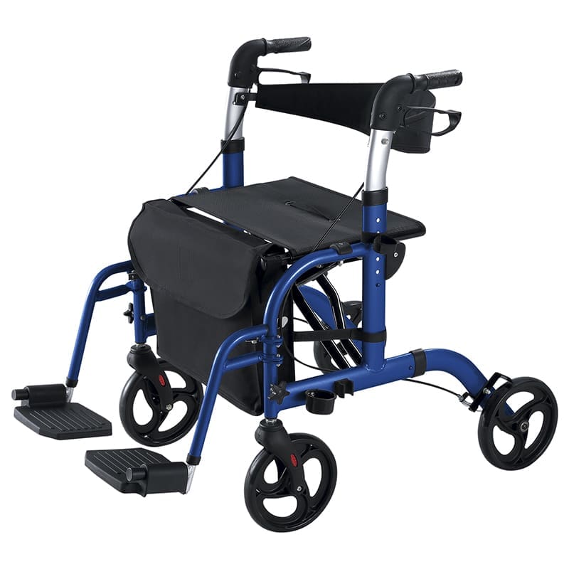 A blue walker and seat with wheels.